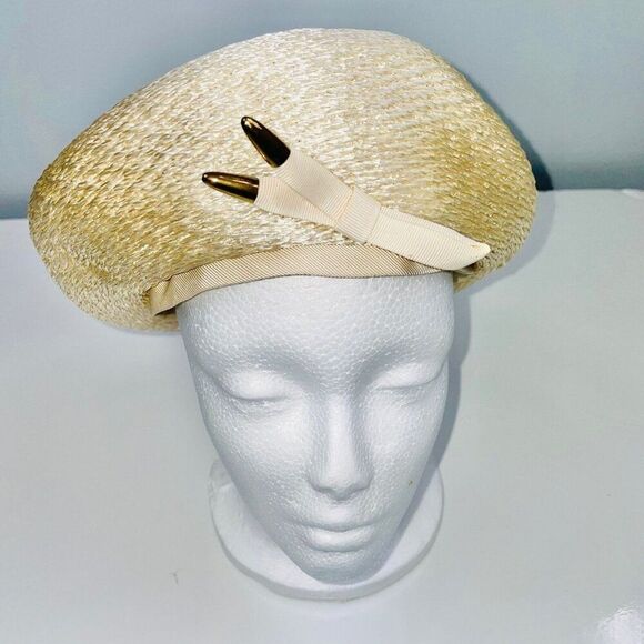 Vintage Favorette Womens Beret Hat Beige Straw Church Dress Up Theatre Party main image 6